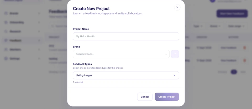 Create the feedback workspace and pick asset types