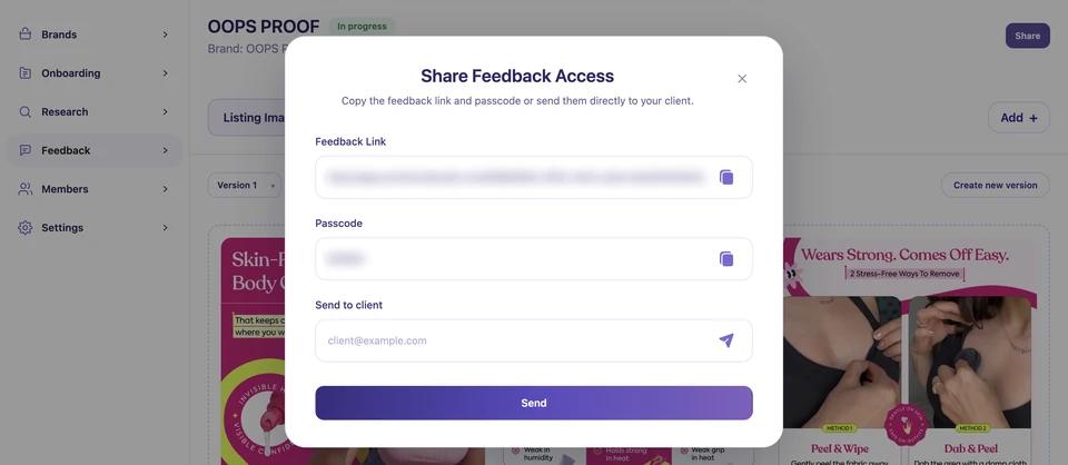 Copy the review link and passcode, or send it to the client